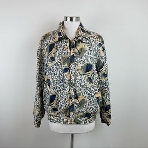 Kim Rogers Sport Olive Green Navy Blue Silk Floral Full Zip Jacket Women Small